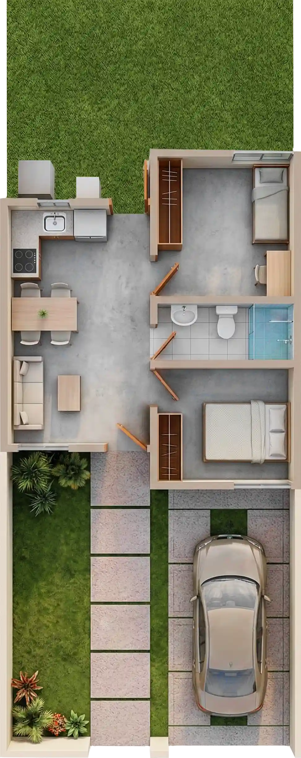 plano render de casa de dos pisos, primer piso